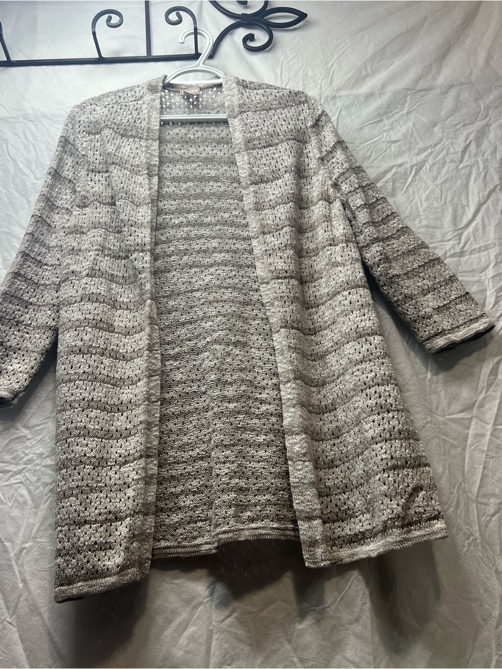 Chico's Tan Cream Striped Open Knit Cardigan Sweater, 3/4 Sleeve, Size 3